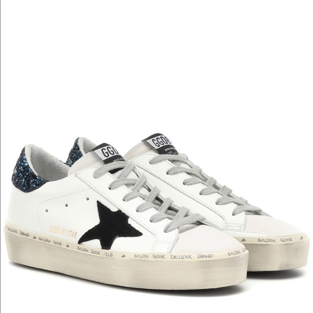 Golden Goose Hi Star Leather Sneakers White Black Star Blue Glitter - Picture 2 of 10